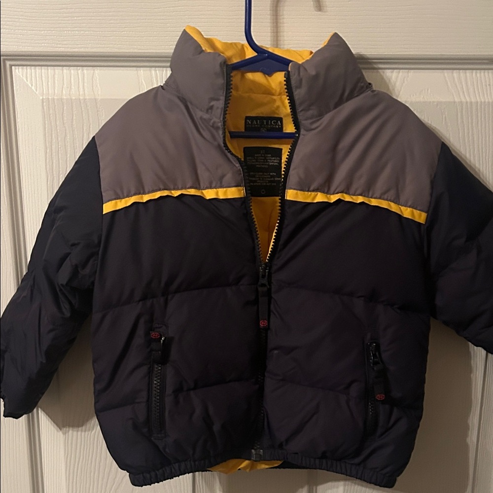 Nautica Kids Puffer Jacket in Navy, Gray, and Yellow